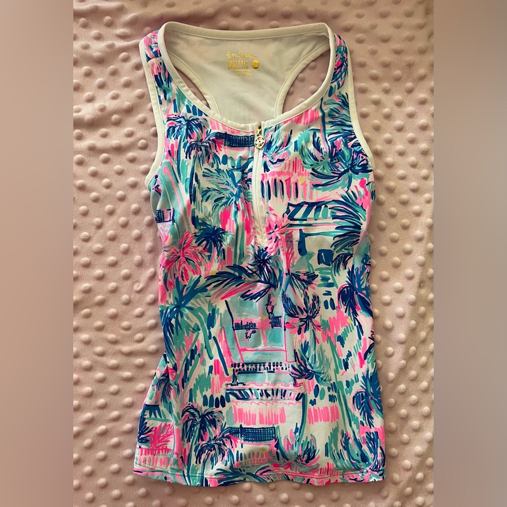 Lilly Pulitzer Luxeletic Racerback 1/4 Zip Palm Tennis Print Tank Top Size XXS